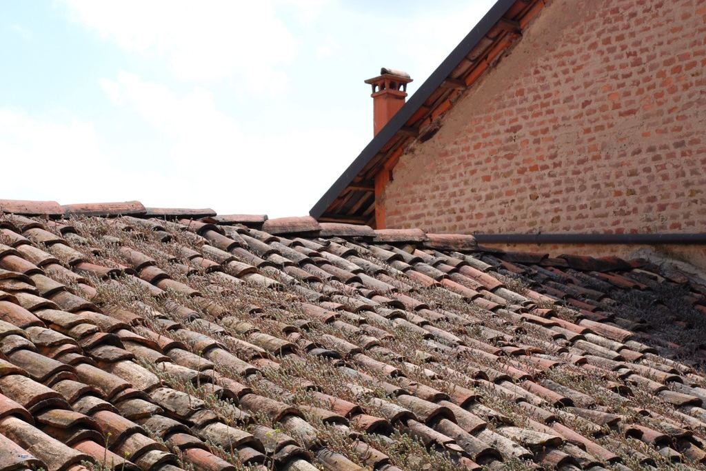 Weathered terracotta roof tiles beneath a brick gable and chimney